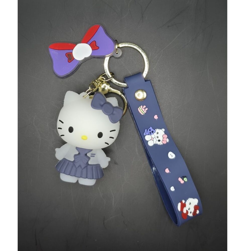 Hello Kitty Cartoon Character Blue Dress Plastic Keychain Detachable Keyring